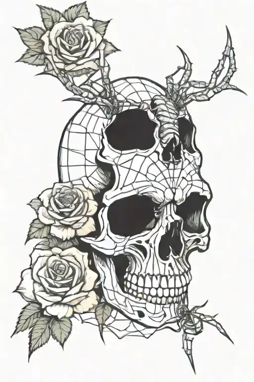 skull and four roses, with an angry tarantula in big spiderweb below  tattoo design idea