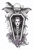 A coffin outline that says " I myself am strange and unusual" add bats and spider webs around it make it purple,black an tattoo design idea