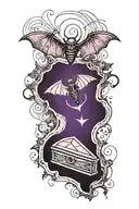 A coffin outline that says " I myself am strange and unusual" add bats and spider webs around it make it purple,black an tattoo design idea