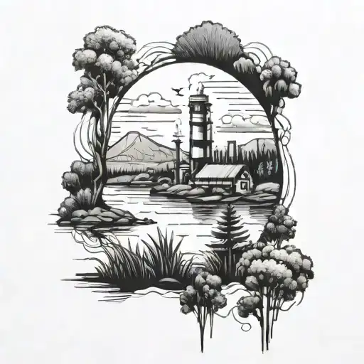 Lake, refinery, farm scene tattoo design idea