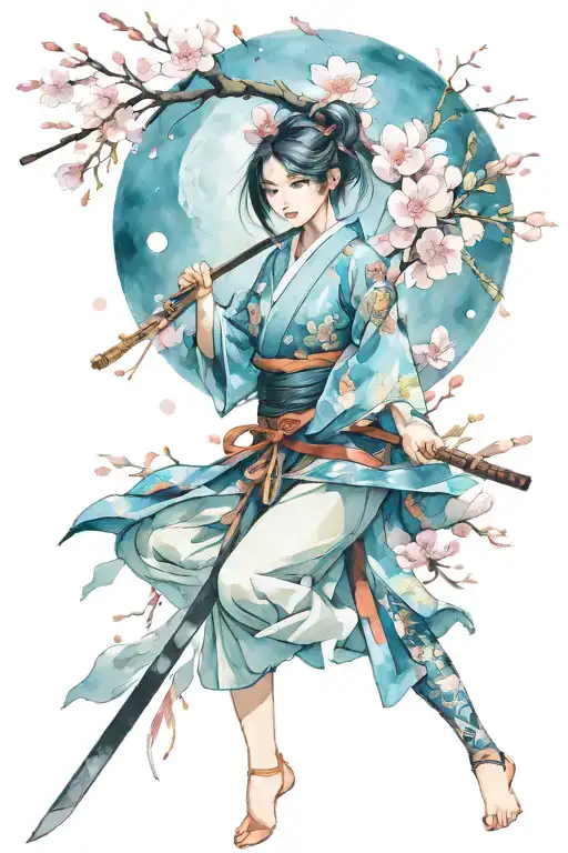 Anime Girl Samurai Full Moon cherry blossom tattoo design idea