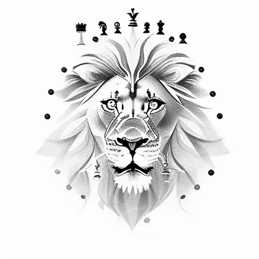 A dotwork lion with chess pieces as its mane tattoo design idea
