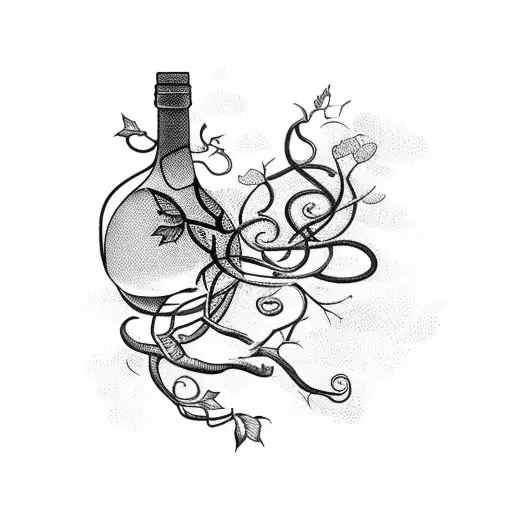 A nature-inspired blackwork tattoo featuring a wine bottle and a winding vine tattoo design idea