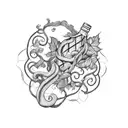 A nature-inspired blackwork tattoo featuring a wine bottle and a winding vine tattoo design idea