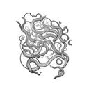 A nature-inspired blackwork tattoo featuring a wine bottle and a winding vine tattoo design idea