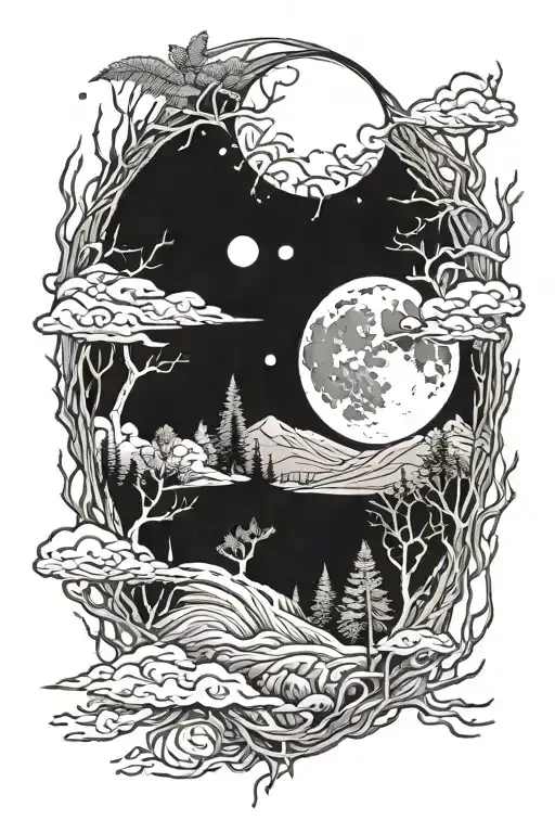 Pattern with spiked lines and a forrest with a full moon. Arm sleeve tattoo design idea