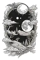 Pattern with spiked lines and a forrest with a full moon. Arm sleeve tattoo design idea