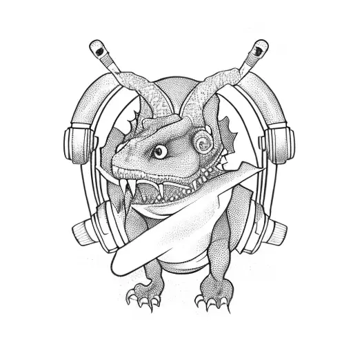 A blackwork tattoo of a reptile wearing headphones and holding a microphone tattoo design idea