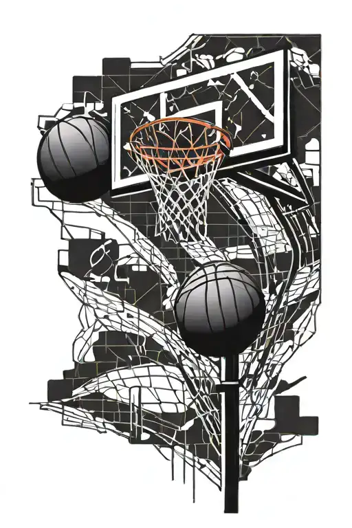 A tattoo design of a basketball hoop with musical notes as the net in a blackwork style tattoo design idea