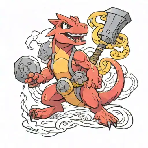 charmeleon from pokemon use thor hammer and lightning tattoo design idea