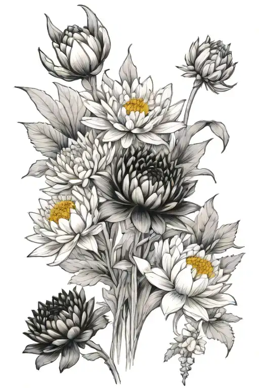 flower bouquet of 3 Chrysanthemums 3 Daffodils a Water lily a carnation and a asters tattoo design idea