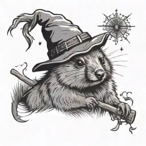 Quokka in a wizarding hat with a  wand casting a spell tattoo design idea