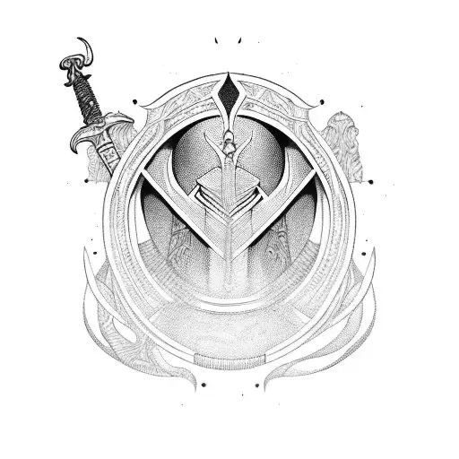 A blackwork tattoo of a Fremen warrior wielding a sword inspired by Dune tattoo design idea