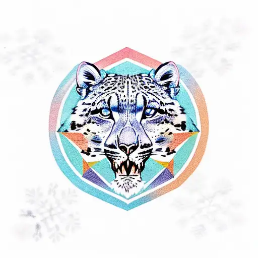 GEOMETRIC SNOW LEOPARD WITH MOUNTAINS AND ORANGE  tattoo design idea