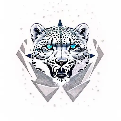 GEOMETRIC SNOW LEOPARD WITH MOUNTAINS, BLACK GREY AND ORANGE SLEEVE tattoo design idea