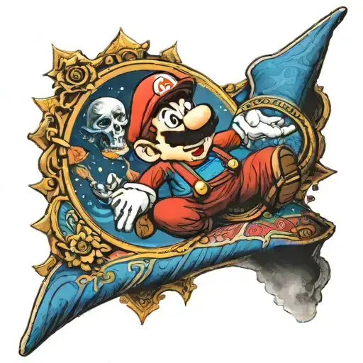 super mario wearing a day of the dead  mask on a flying carpet tattoo design idea