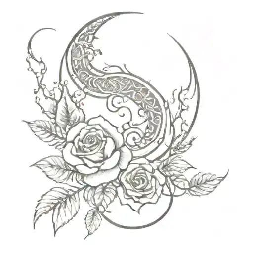moon, rose and dragon, sword intertwined vines tattoo design idea