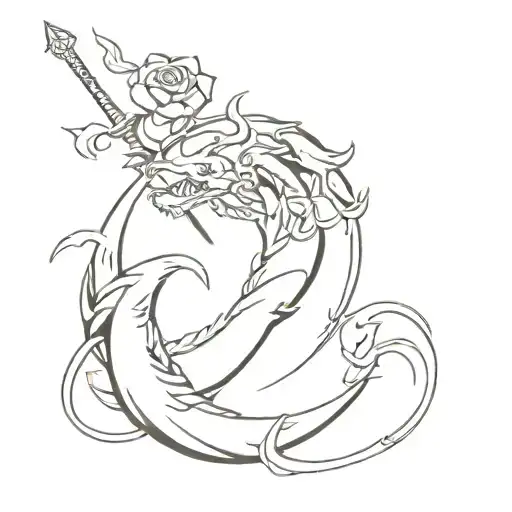 moon, rose and dragon, sword intertwined representing tattoo design idea