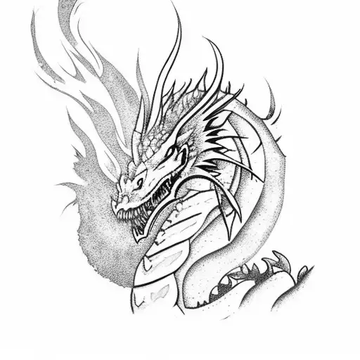 A fierce dragon breathing fire amidst a forest scene tattoo design idea