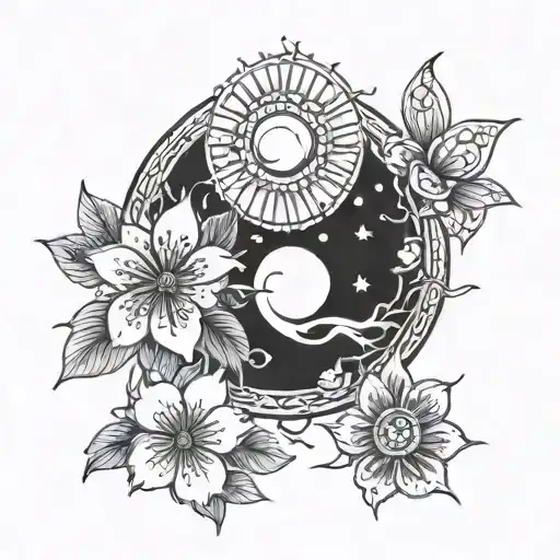 Sun And Moon cherry blossom tattoo design idea