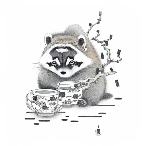 black and white tanuki in red kimono, ukiyo-e stile, sits on stumps, hold a mug in paws, background sakura tree, sketch, tattoo design idea