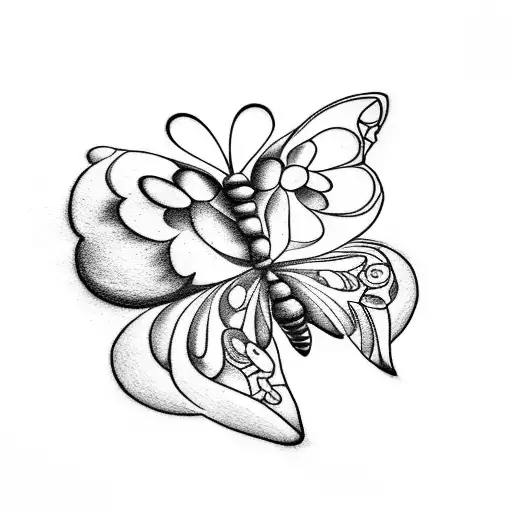 A tattoo of a butterfly with flowers blooming from its wings, symbolizing the client's love for their family and nature, in a dotwork style. tattoo design idea
