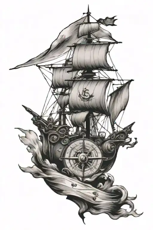 ship with compass and flag waving tattoo design idea