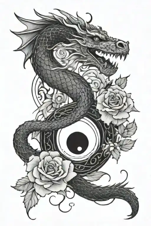 A dragon and snake in a yin-yang pose, with roses and sakura petals floating around them in a circular pattern tattoo design idea