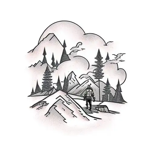 a man walking un the mountain with his dog  tattoo design idea