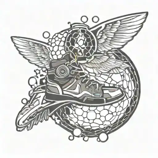 tattoo of winged shoes rotating around the planet mercury which decomposes in the shape of a honeycomb which reforms tattoo design idea