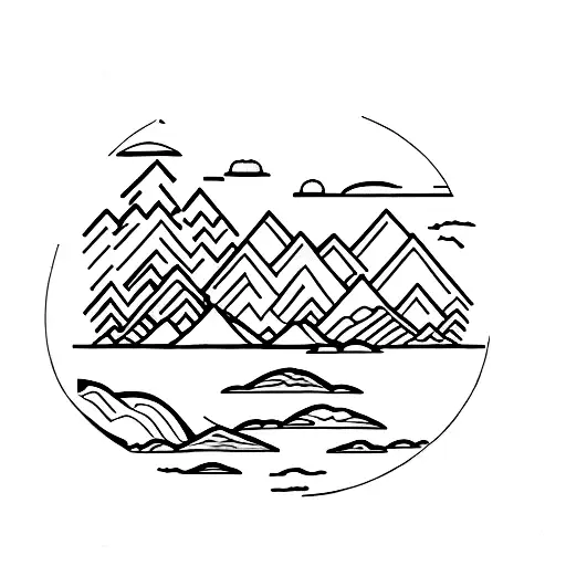 A mountain landscape with a lake in the foreground, framed by bullhorns tattoo design idea