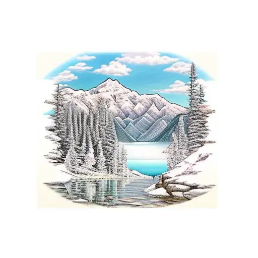A mountain landscape with a lake in the foreground, framed by bullhorns tattoo design idea