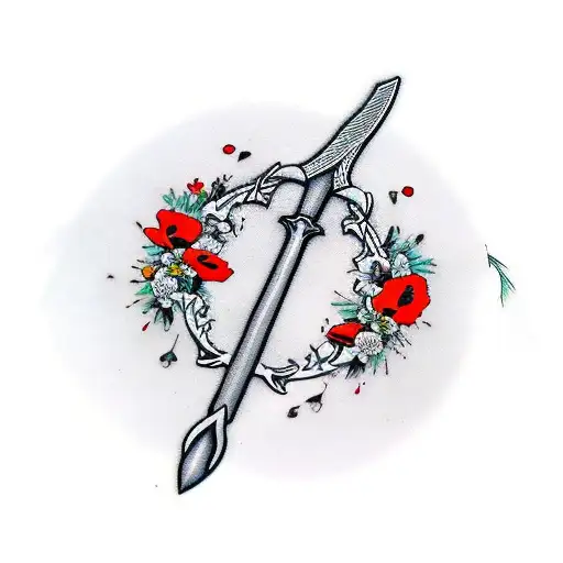 Executioner sword pointing down with poppy flowers tattoo design idea