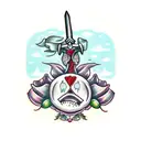 Executioner sword face down with poppy flowers tattoo design idea