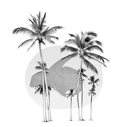 A serene beach landscape with palm trees and waves tattoo design idea