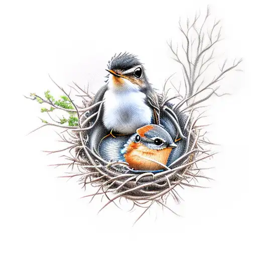 baby robins in a nest with a larger robin next to them in a tree tattoo design idea