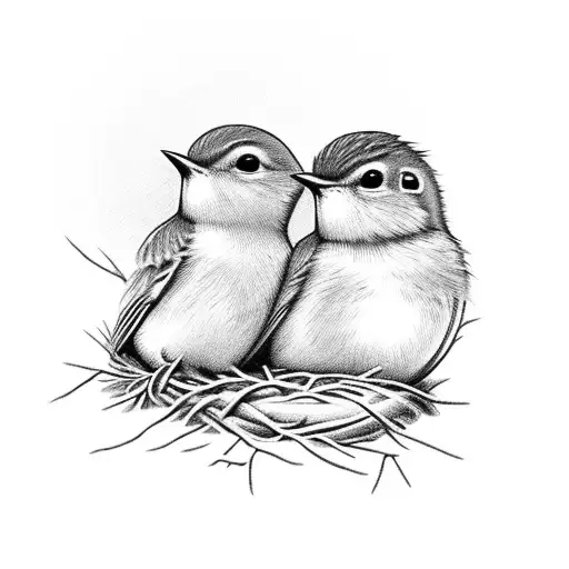 baby robins in a nest with a larger robin next to them in a tree tattoo design idea