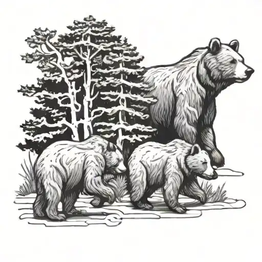 three bears walking in front with trees in the background  tattoo design idea