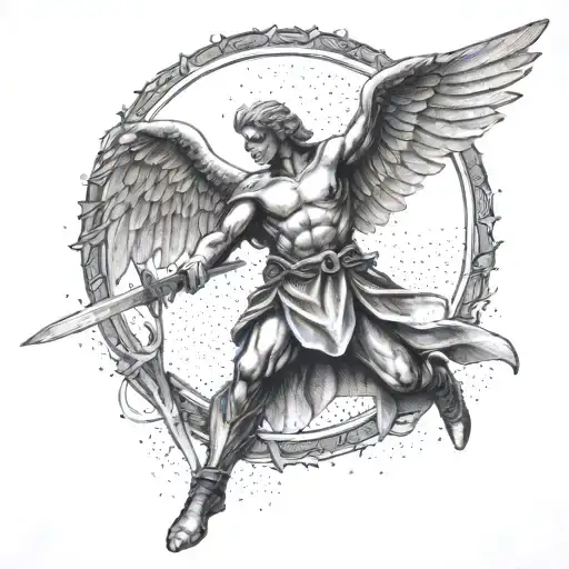 A dotwork tattoo of a guardian angel holding a sword, watching over the client during their wrestling matches and gym sessions tattoo design idea