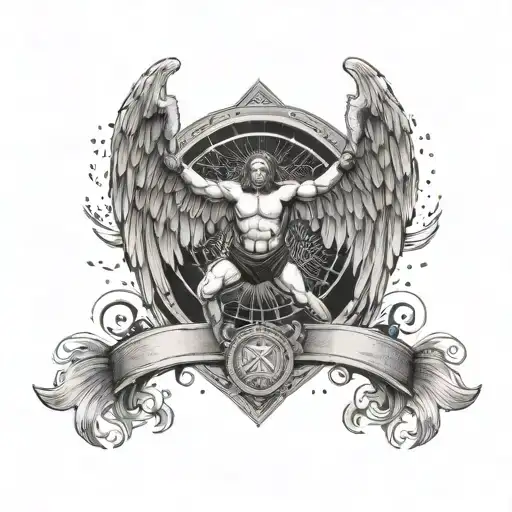 An intricate design of a wrestling ring surrounded by angel wings, representing the client's passion for wrestling and their belief in higher powers tattoo design idea