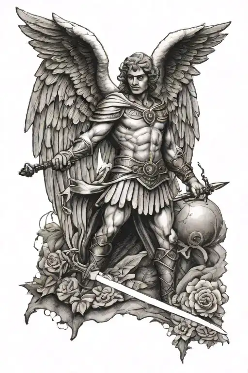 A dotwork tattoo of a guardian angel holding a sword, watching over the client during their wrestling matches and gym sessions tattoo design idea