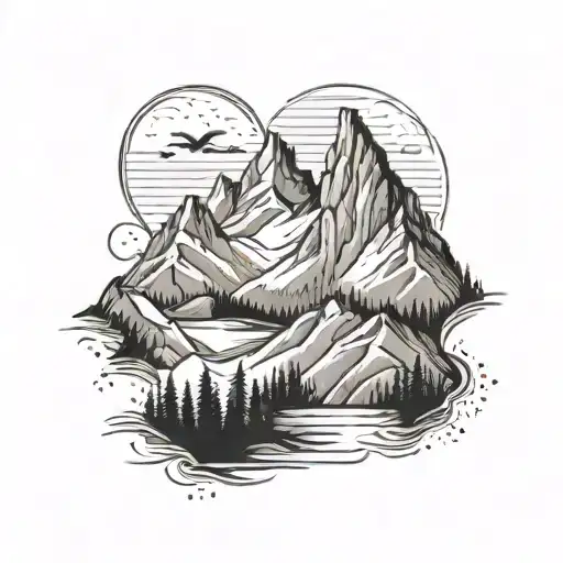 A black-grey tattoo with mountain peaks in the background, birds,symbolizing the client's love for hiking tattoo design idea