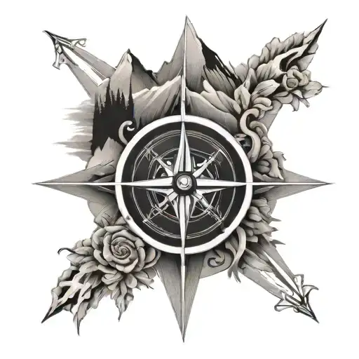 A black-grey tattoo of a compass rose with mountain peaks in the background, symbolizing the client's love for hiking and climbing tattoo design idea