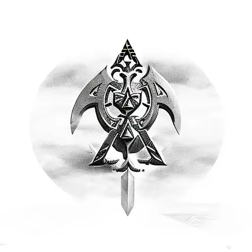 A futuristic tech manager holding a sword with a Zelda-inspired background tattoo design idea