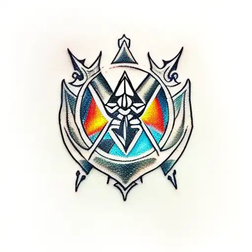 An epic crossover between Zelda, Lord of the Rings, and the Witcher in traditional style tattoo design idea