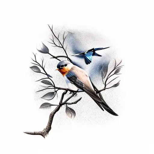 robin, swallow, plum tree, rain tattoo design idea