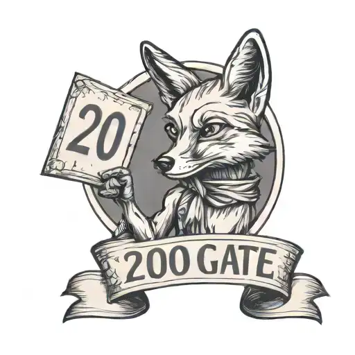 A black and grey tattoo of a fox holding a sign that says '200 Fooxgate' tattoo design idea