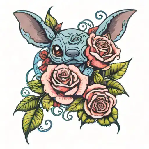 Stich with mass od colorfull roses around her tattoo design idea