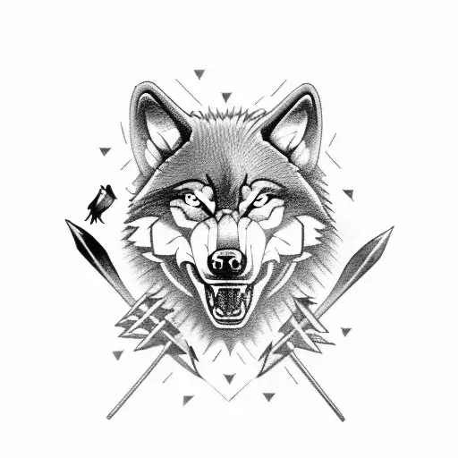 a wolf growling with arrows in its back while ravens fly overhead tattoo design idea