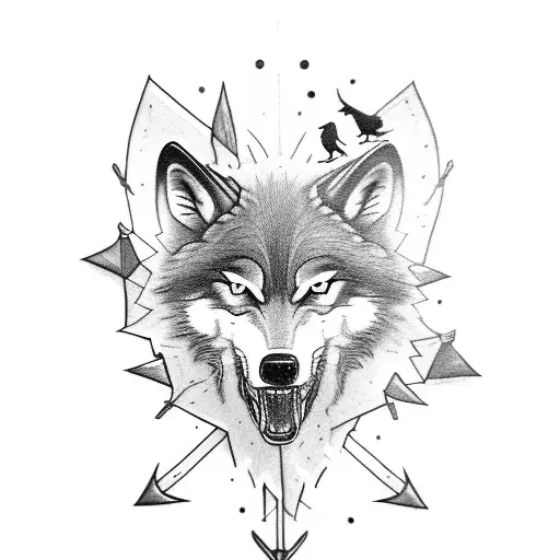 a wolf growling with arrows in its back while ravens fly overhead tattoo design idea